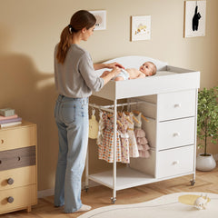 DTK nursery storage dresser with three drawers and open shelf for diapers and wipes
