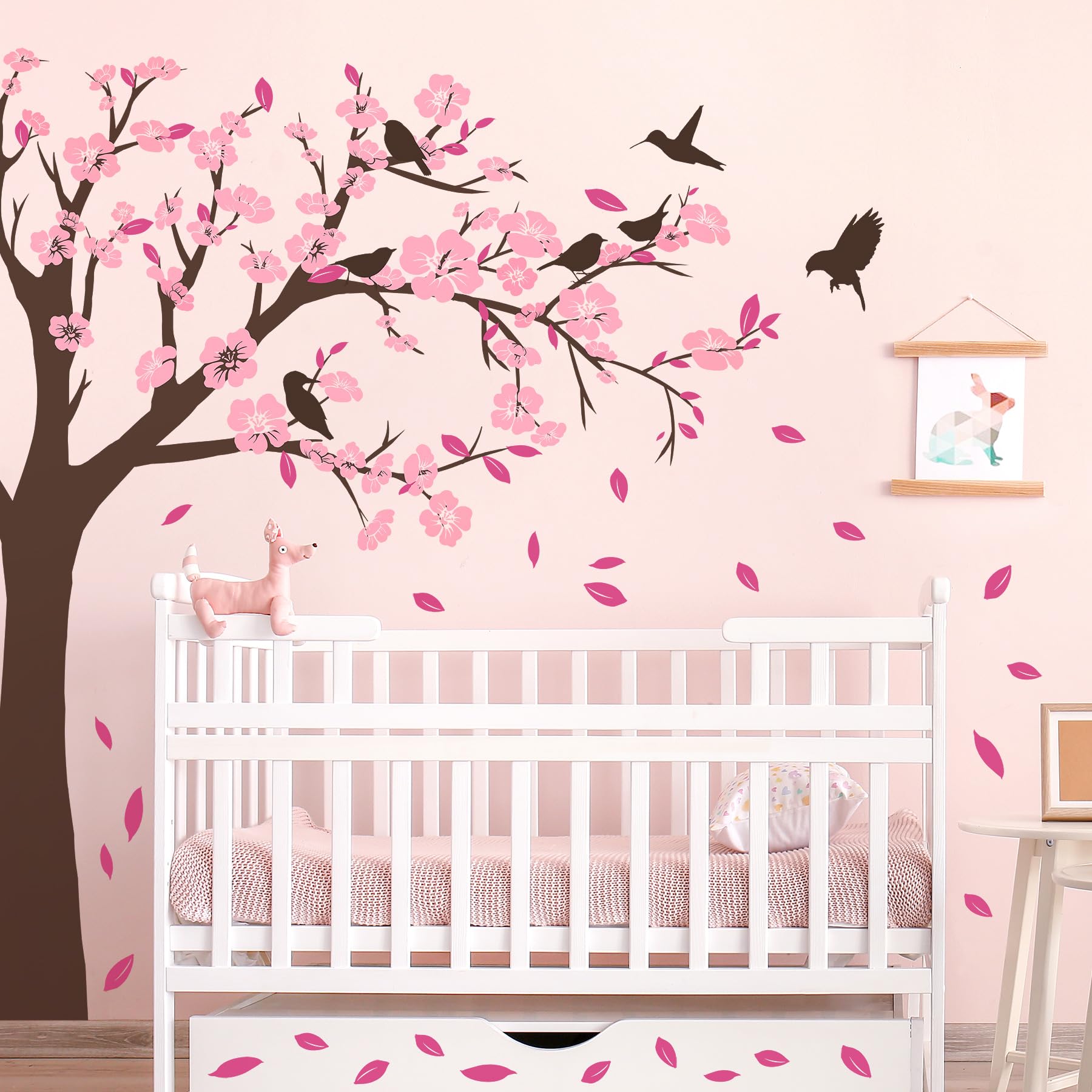 DTLIFEK brown-tree pink-bloom wall decal adds depth to nurseries and living rooms.