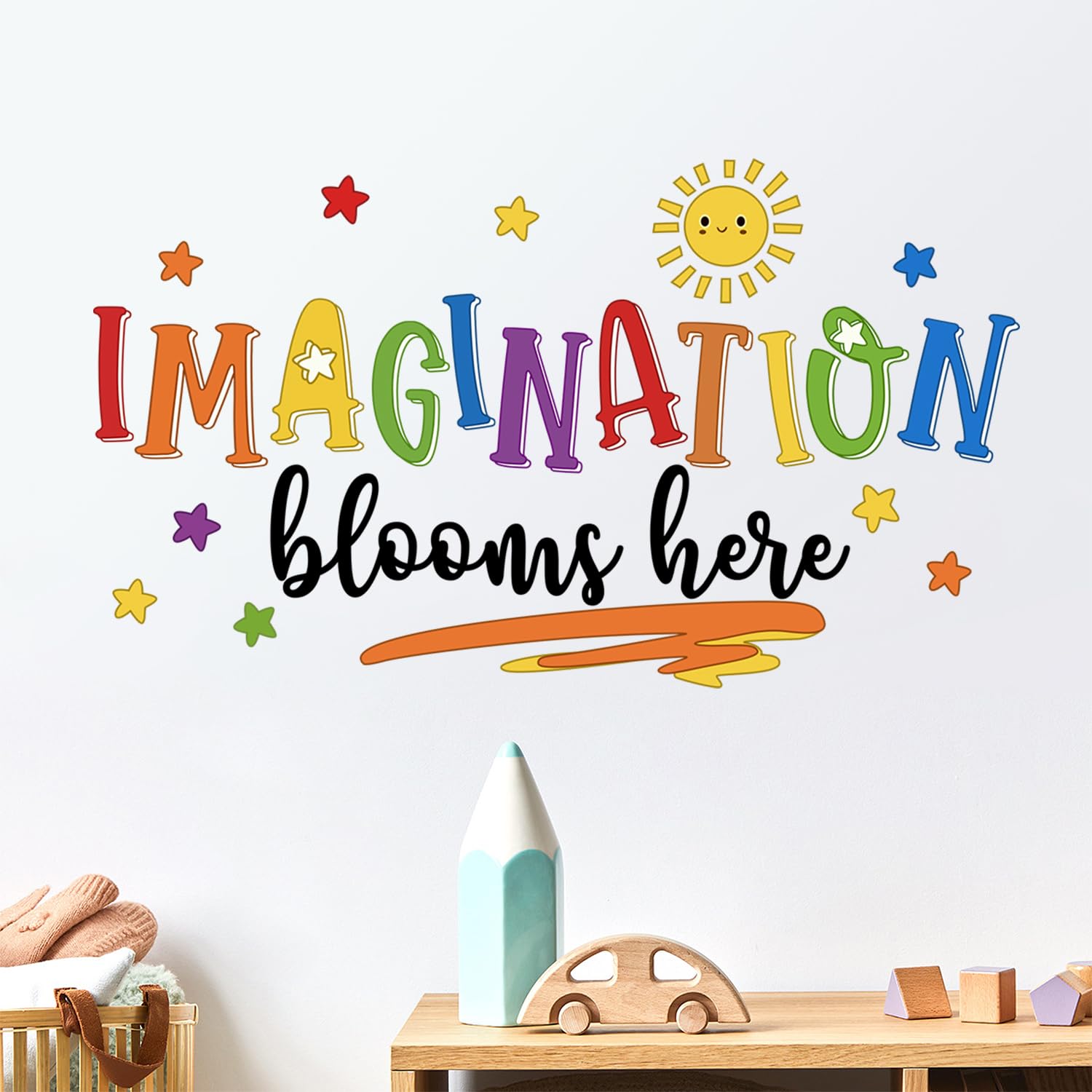 DTLIFEK Imagination Blooms Here quote wall decal sparks creativity in kids' bedrooms.