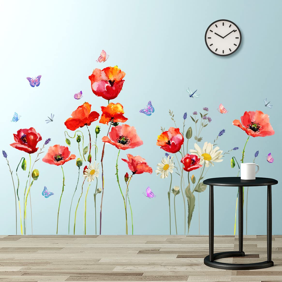 DTLIFEK red poppy wall decal with daisies and butterflies brightens kids' rooms.