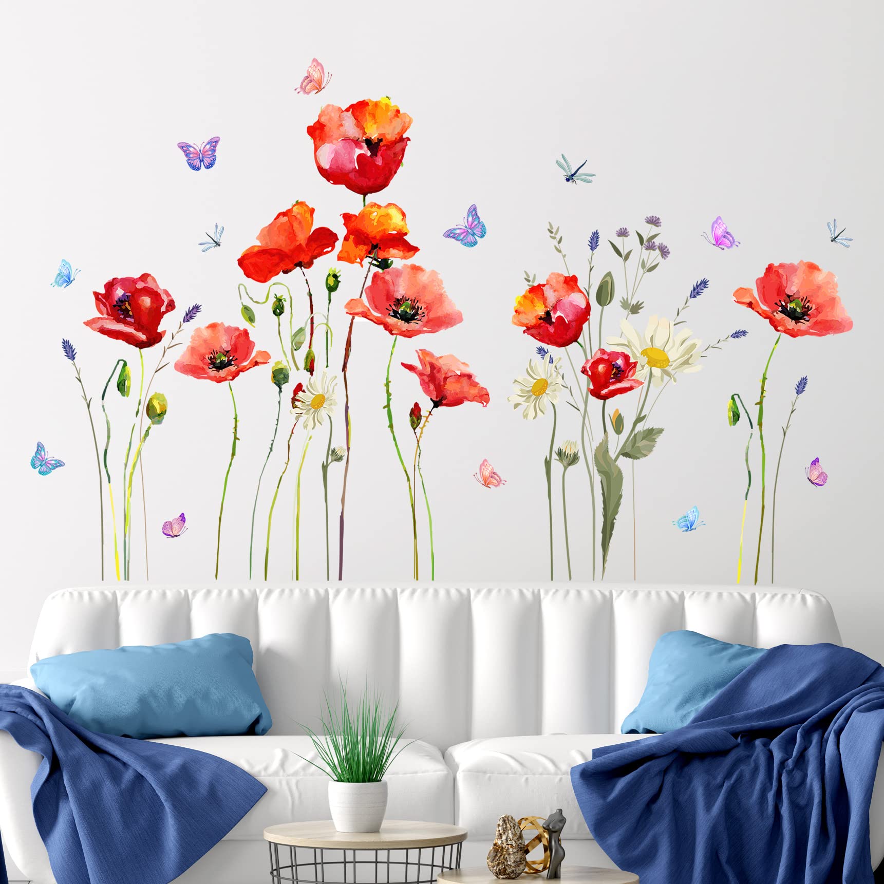 DTLIFEK red-poppy-wall-decal-daisy-butterflies-03 creates a lively bedroom display.