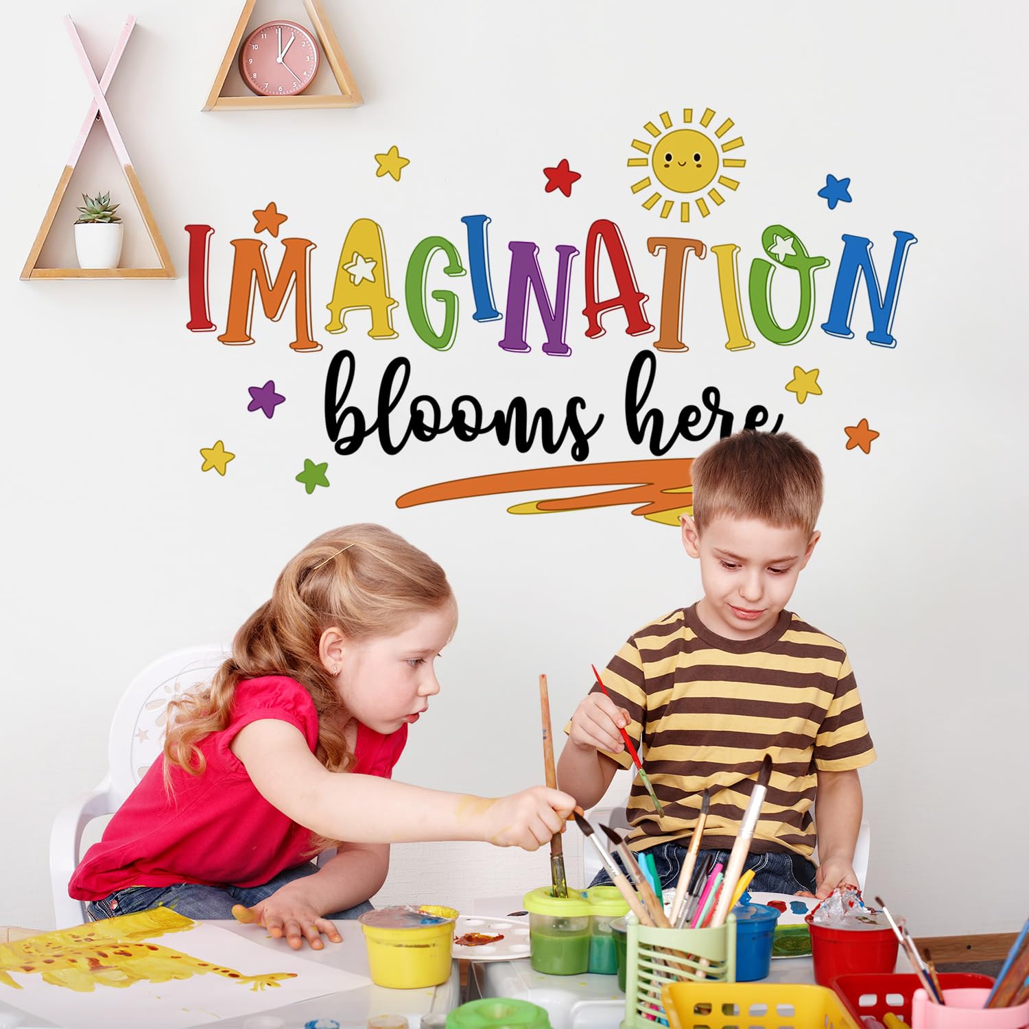 Sun and stars wall art adds whimsical charm to nursery or classroom walls.