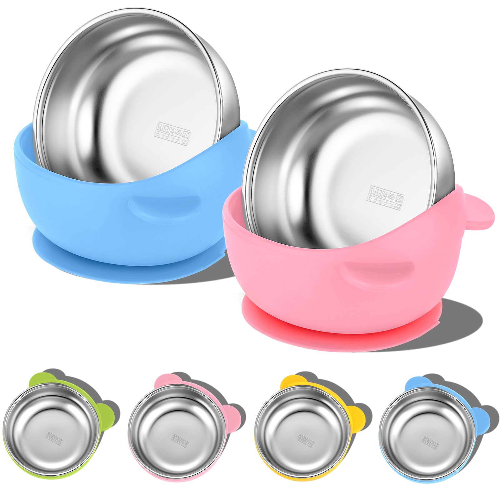 Dualshine baby bowl with removable silicone shell in four colors for easy cleaning and independent feeding.