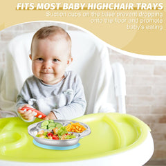 Dualshine stainless steel baby plate with divided compartments for portions.