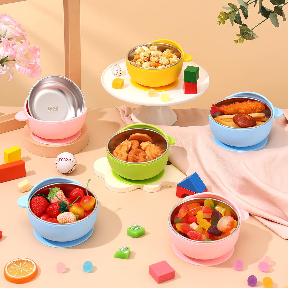 Dualshine stainless steel bowl with high-curved walls helps babies scoop food more easily.