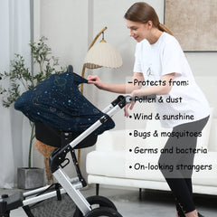 Dudeeghes car seat canopy with navy space print adds stroller privacy and airflow.