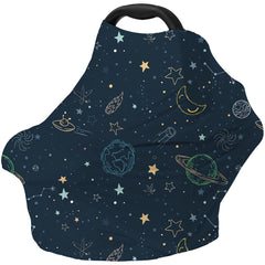 Dudeeghes car seat cover in navy space print shields sun and wind for baby.