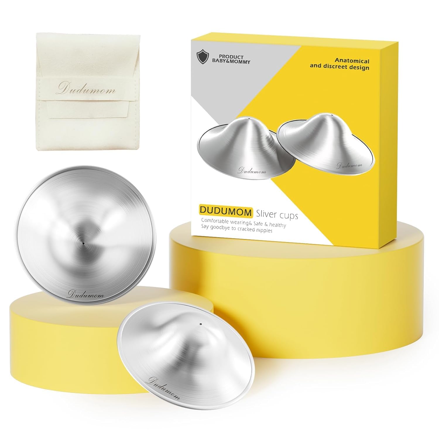 Dudumom Original Silver Nursing Cups closeup in pure 999 silver for gentle breastfeeding comfort.