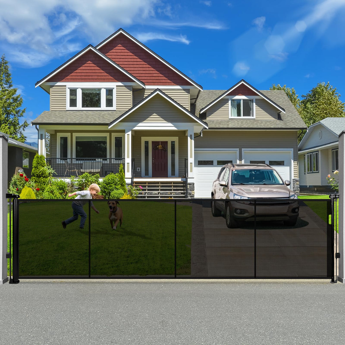 Dueelala 120-inch retractable gate extended to cover a wide opening for safety.