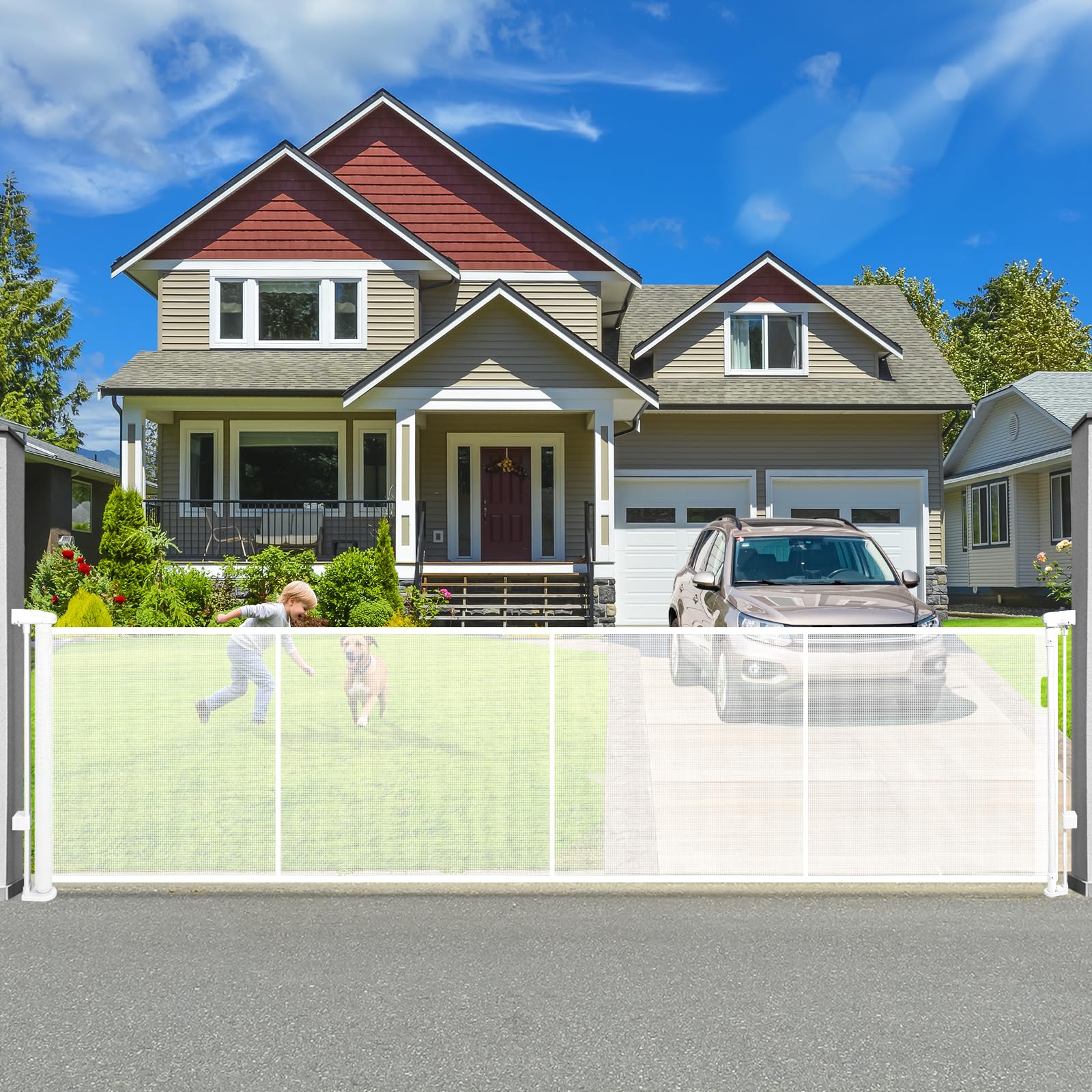 Dueelala 120-inch retractable baby gate spanning a doorway for safe indoor-outdoor use.