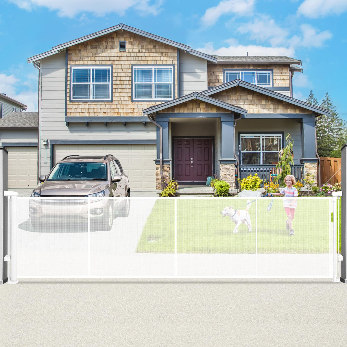 Dueelala 160in-wide retractable gate extended to fit large openings, safely.