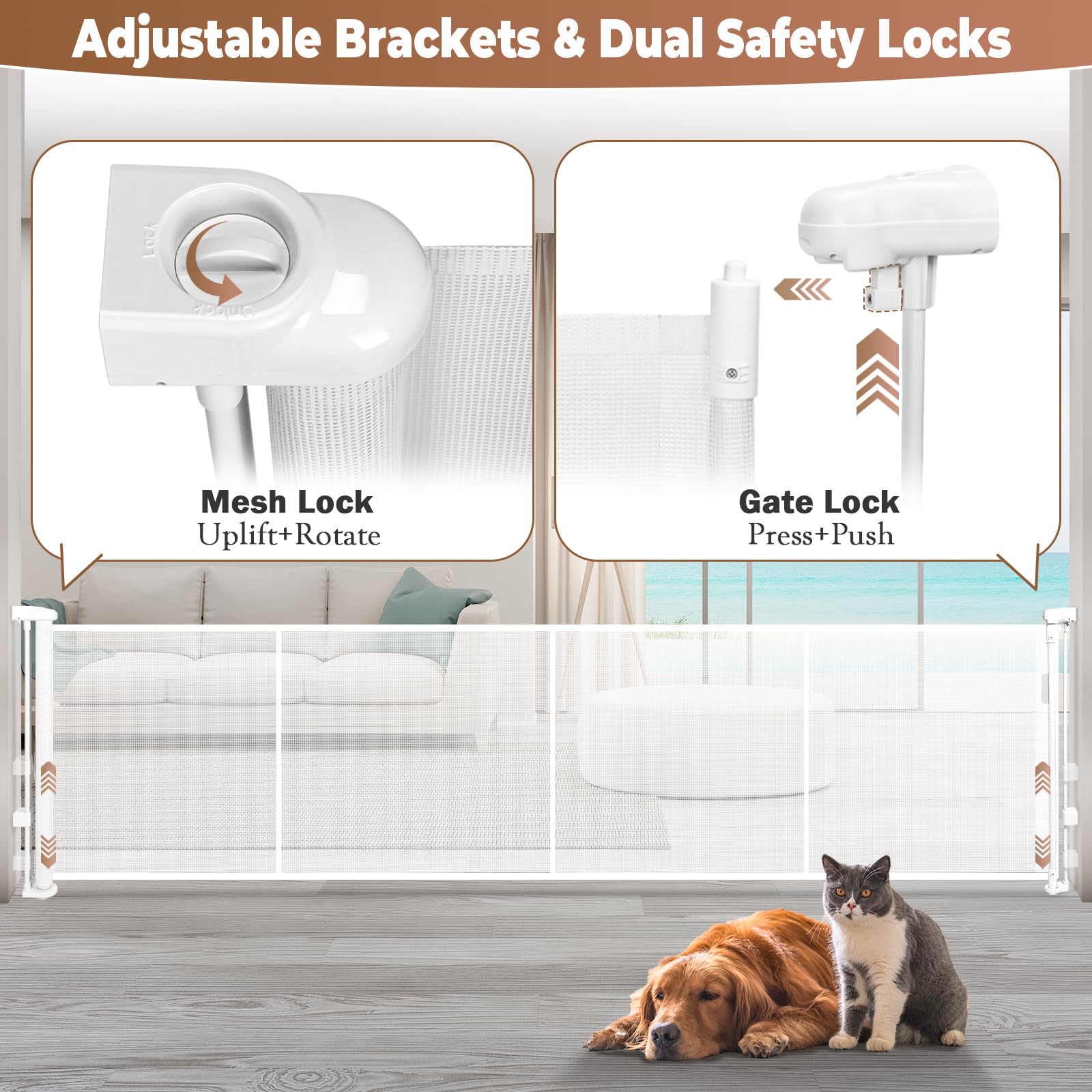 Dueelala adjustable brackets fit baseboards for a secure, threshold-free setup.