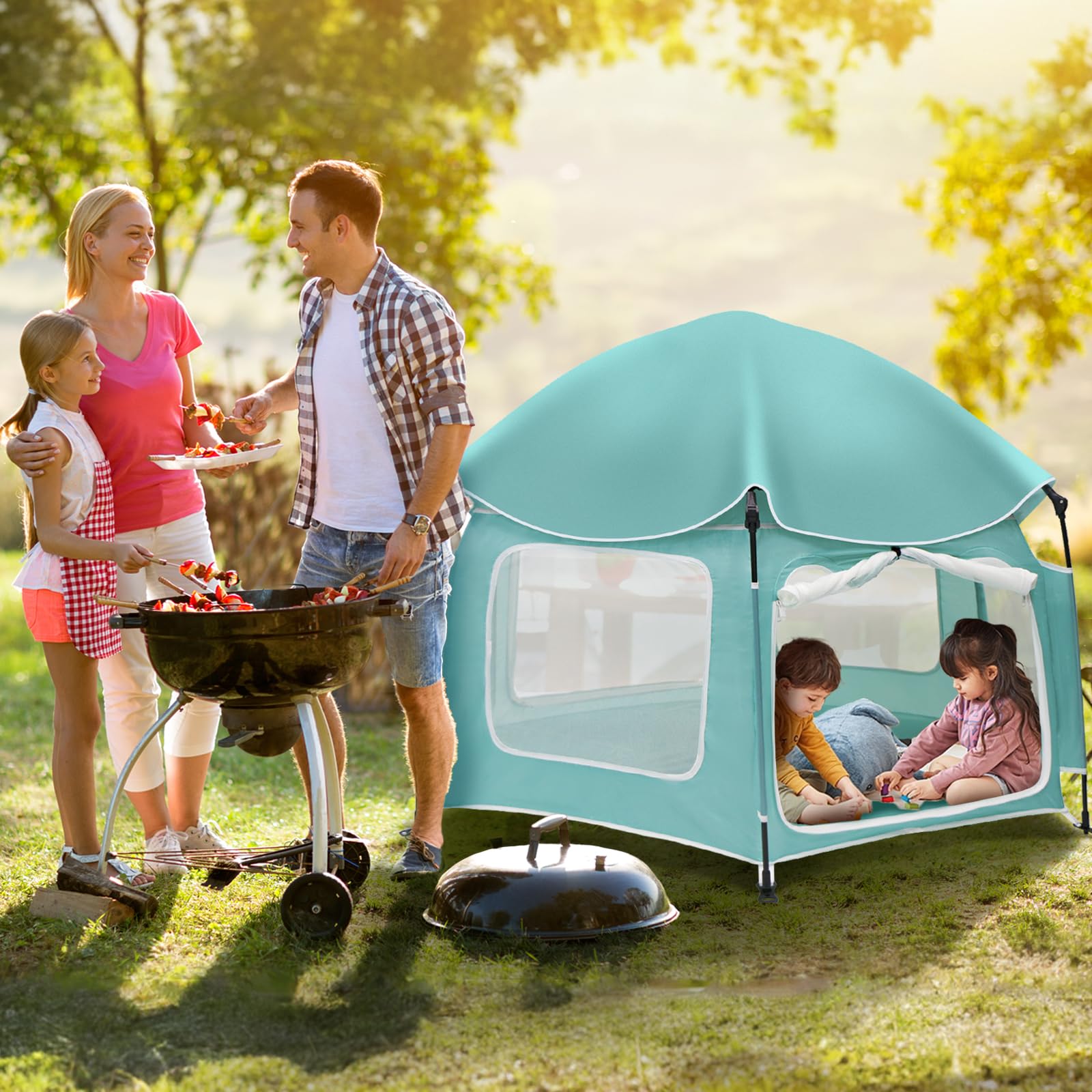 Dueelala playpen features breathable mesh for airflow and visibility.