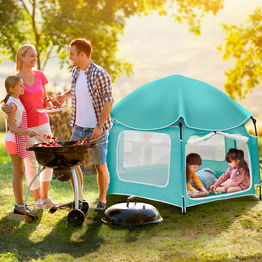 Dueelala playpen features breathable mesh for airflow and visibility.