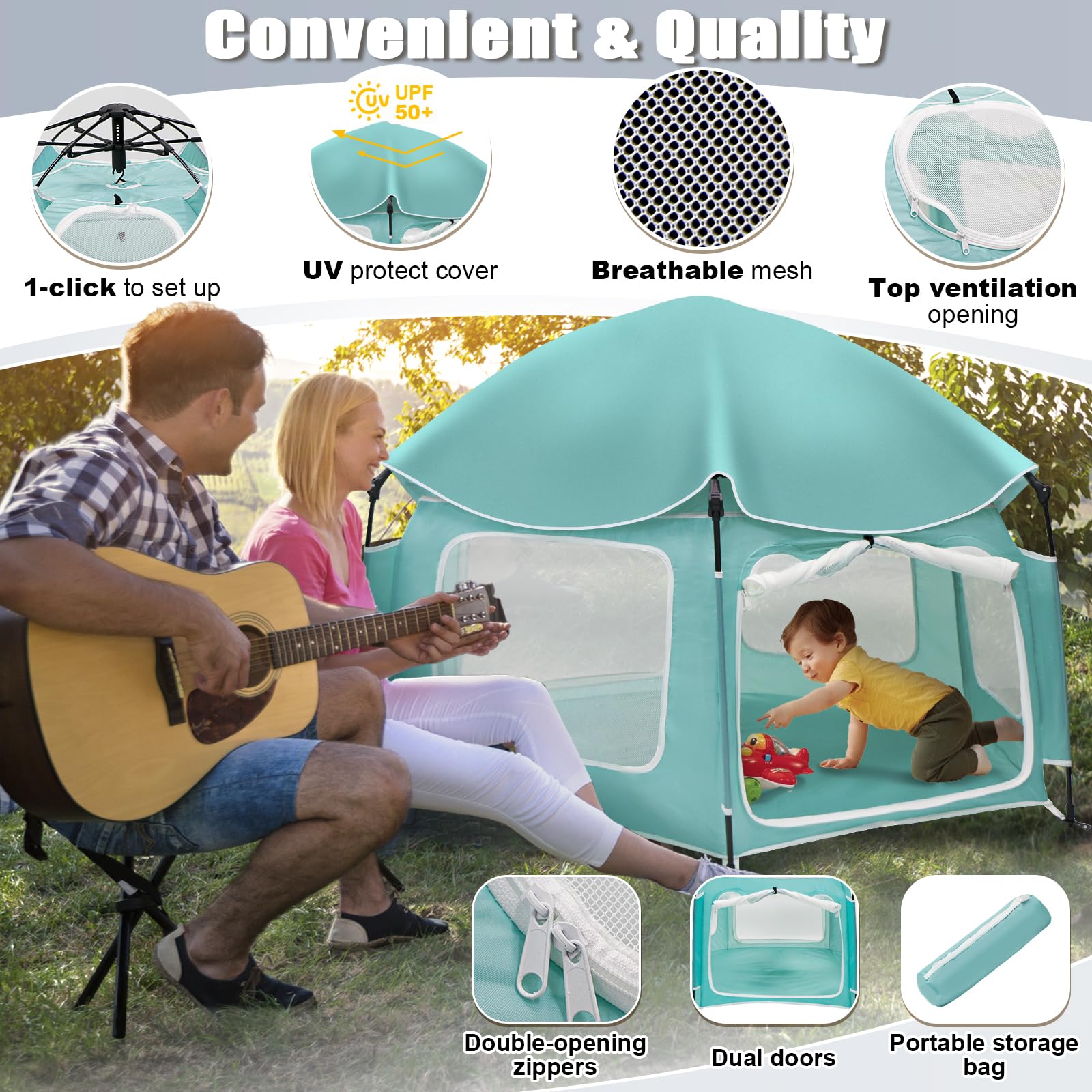 Dueelala playpen shows one-click setup for quick indoor or outdoor use.