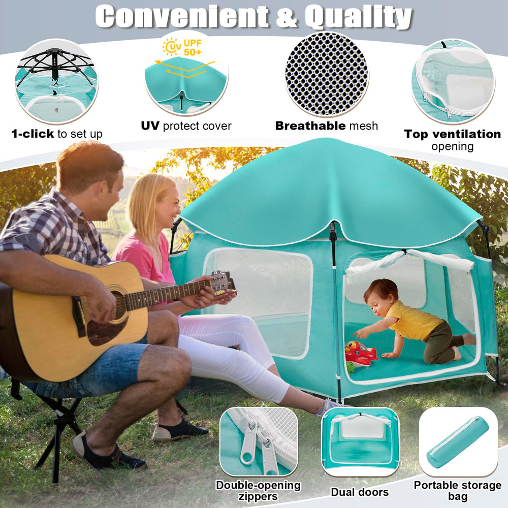 Dueelala playpen shows one-click setup for quick indoor or outdoor use.