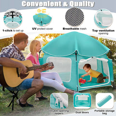 Dueelala playpen shows one-click setup for quick indoor or outdoor use.
