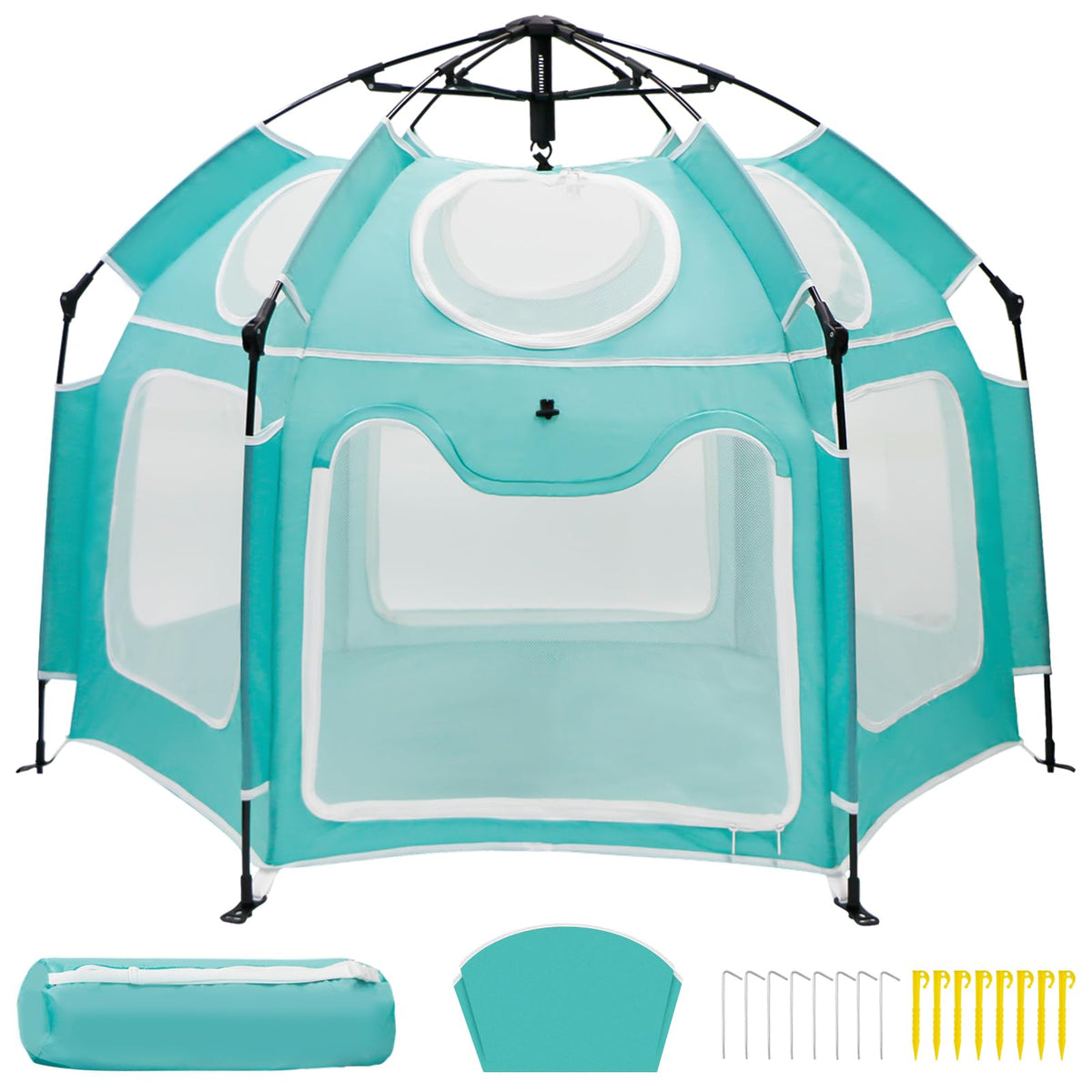 Dueelala baby playpen with UV canopy shields sun as children play outdoors.
