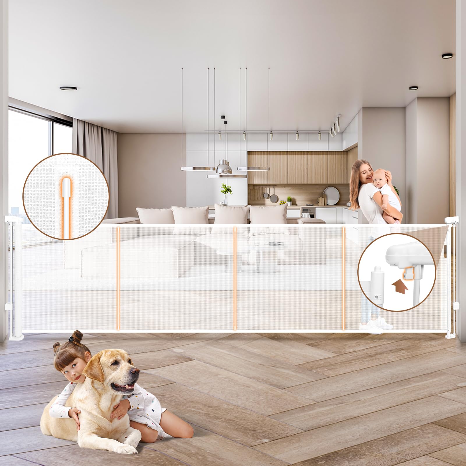 Dueelala retractable baby gate with 41-inch height and wide opening keeps babies contained.