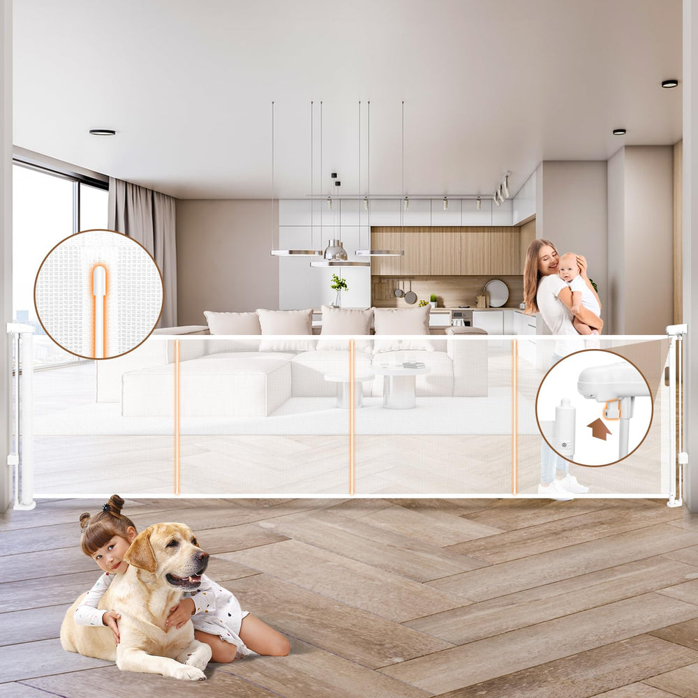 Dueelala retractable baby gate with 41-inch height and wide opening keeps babies contained.