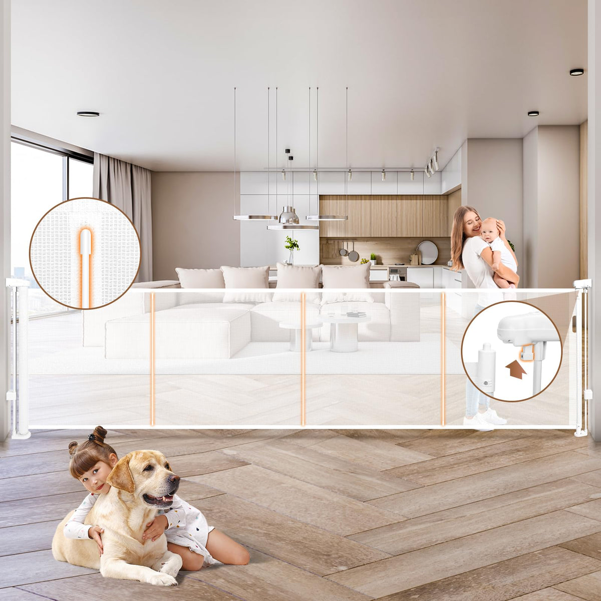 Dueelala retractable baby gate with 41-inch height and wide opening keeps babies contained.
