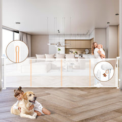Dueelala retractable baby gate with 41-inch height and wide opening keeps babies contained.