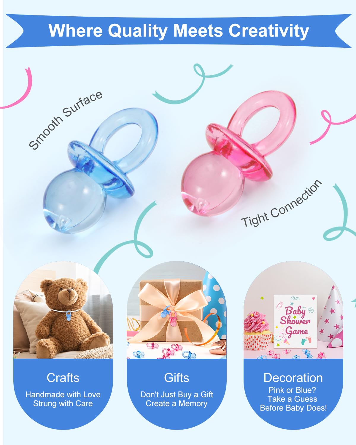 DUIJINYU gender reveal decor pacifiers meaningfully enhances celebration aesthetics.
