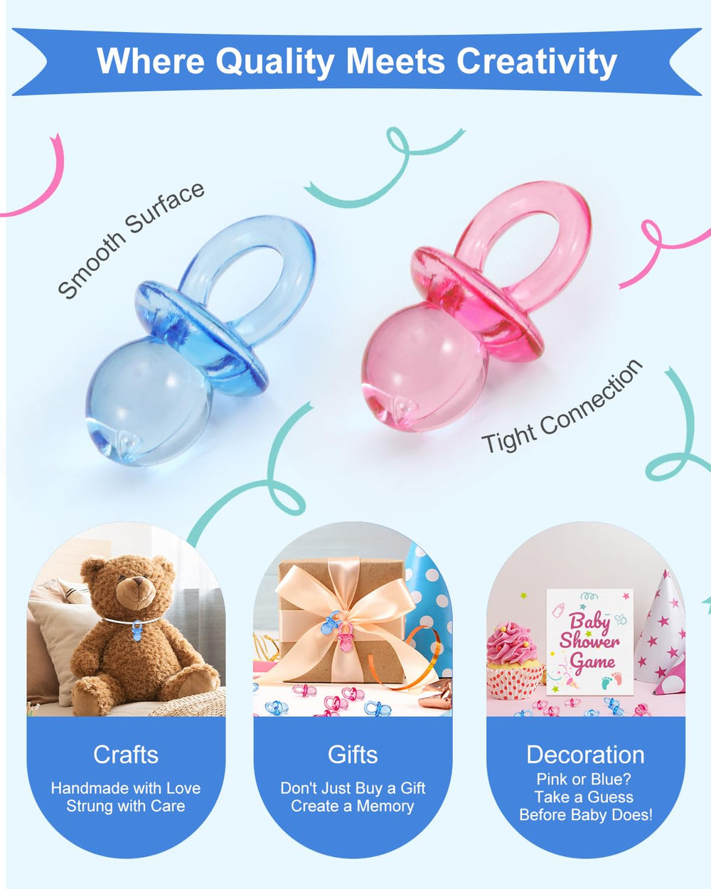 DUIJINYU gender reveal decor pacifiers meaningfully enhances celebration aesthetics.