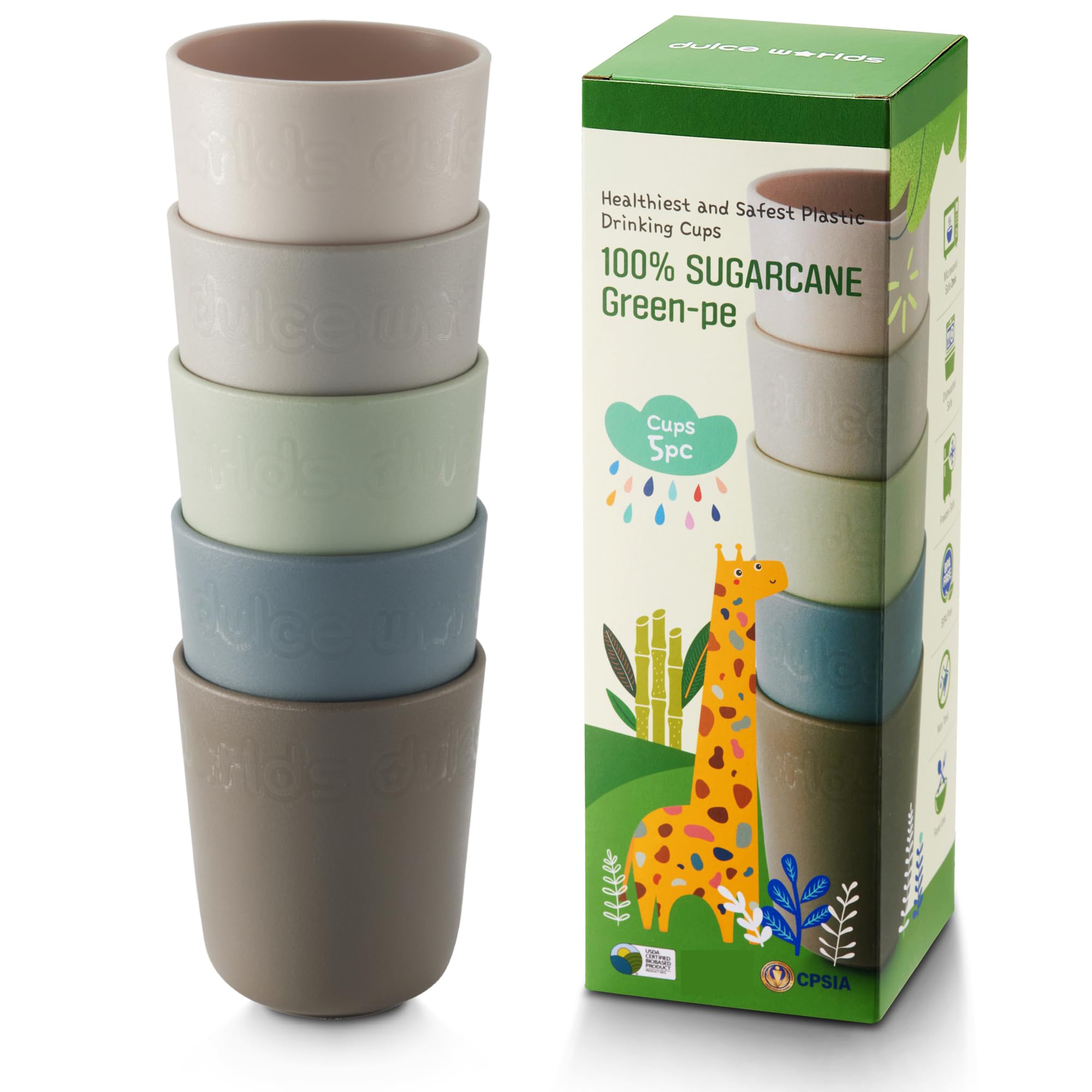 Dulce Worlds Sugarcane Kids Cup 10oz gray-blue held by a child for an ergonomic grip.