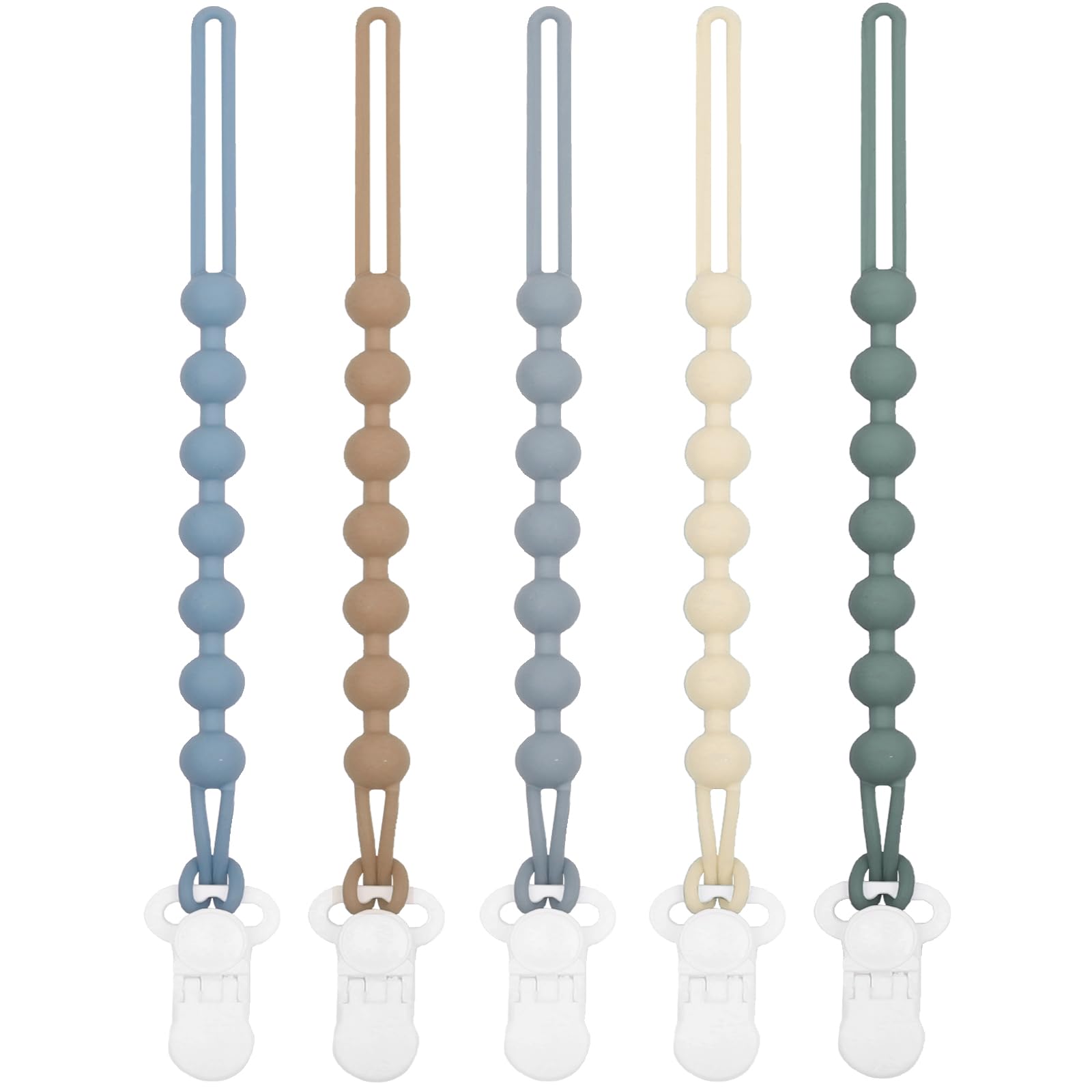 Duludulu 5-pack silicone pacifier clip in blue keeps pacifiers within easy reach.