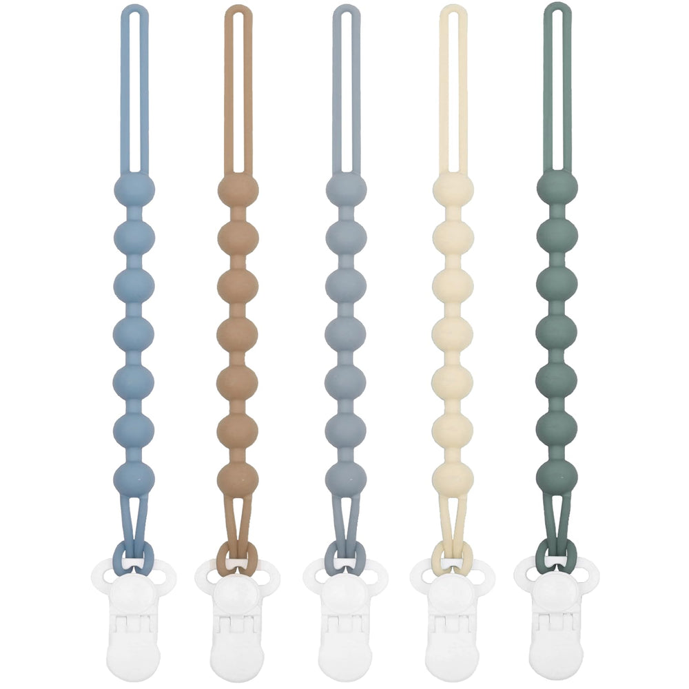 Duludulu 5-pack silicone pacifier clip in blue keeps pacifiers within easy reach.
