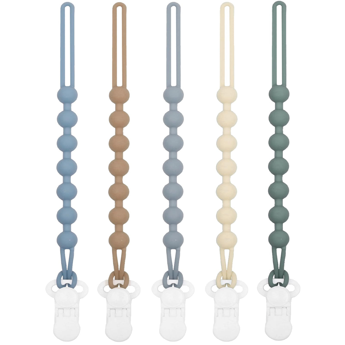 Duludulu 5-pack silicone pacifier clip in blue keeps pacifiers within easy reach.
