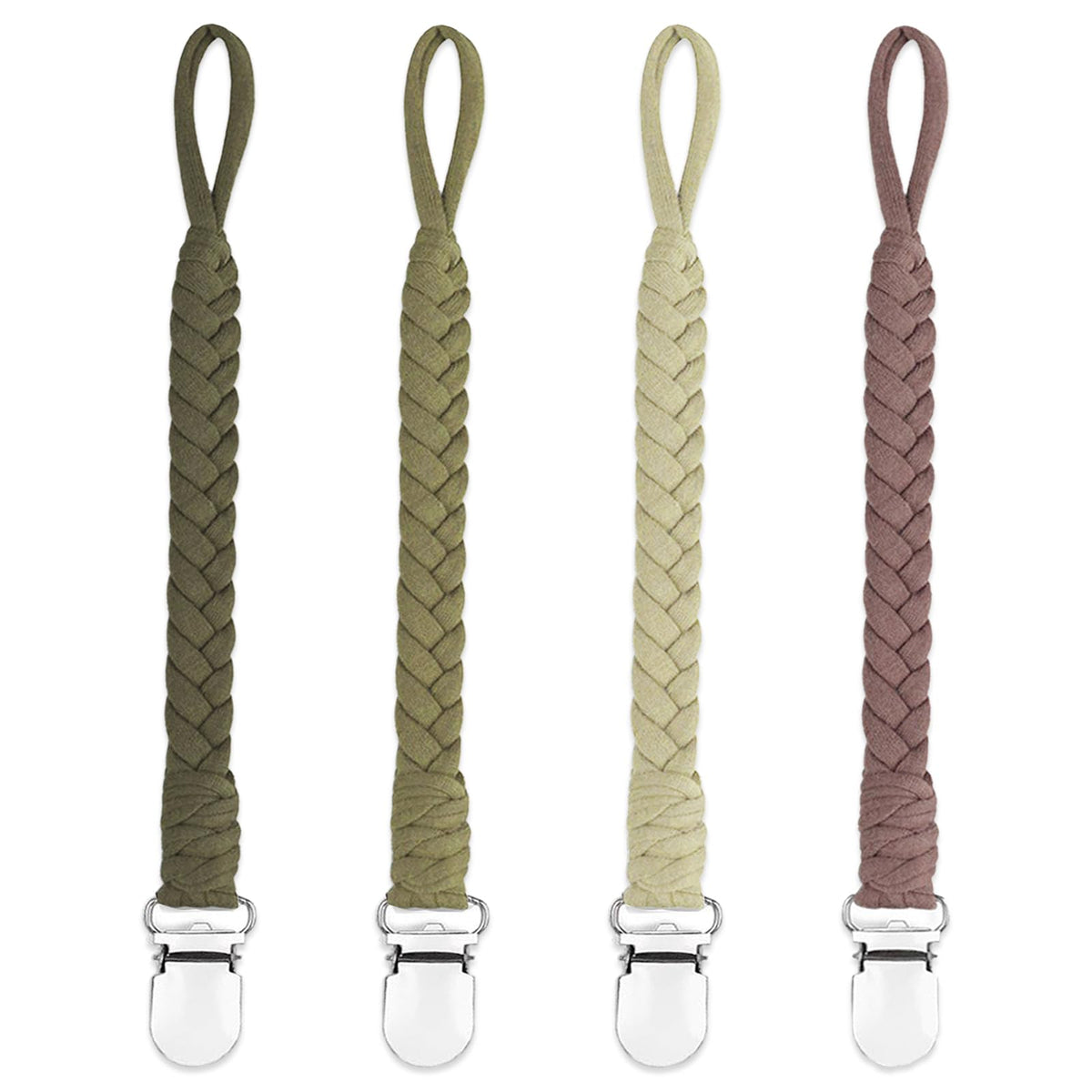 Duludulu braided pacifier clip in green keeps pacifier secure and within reach