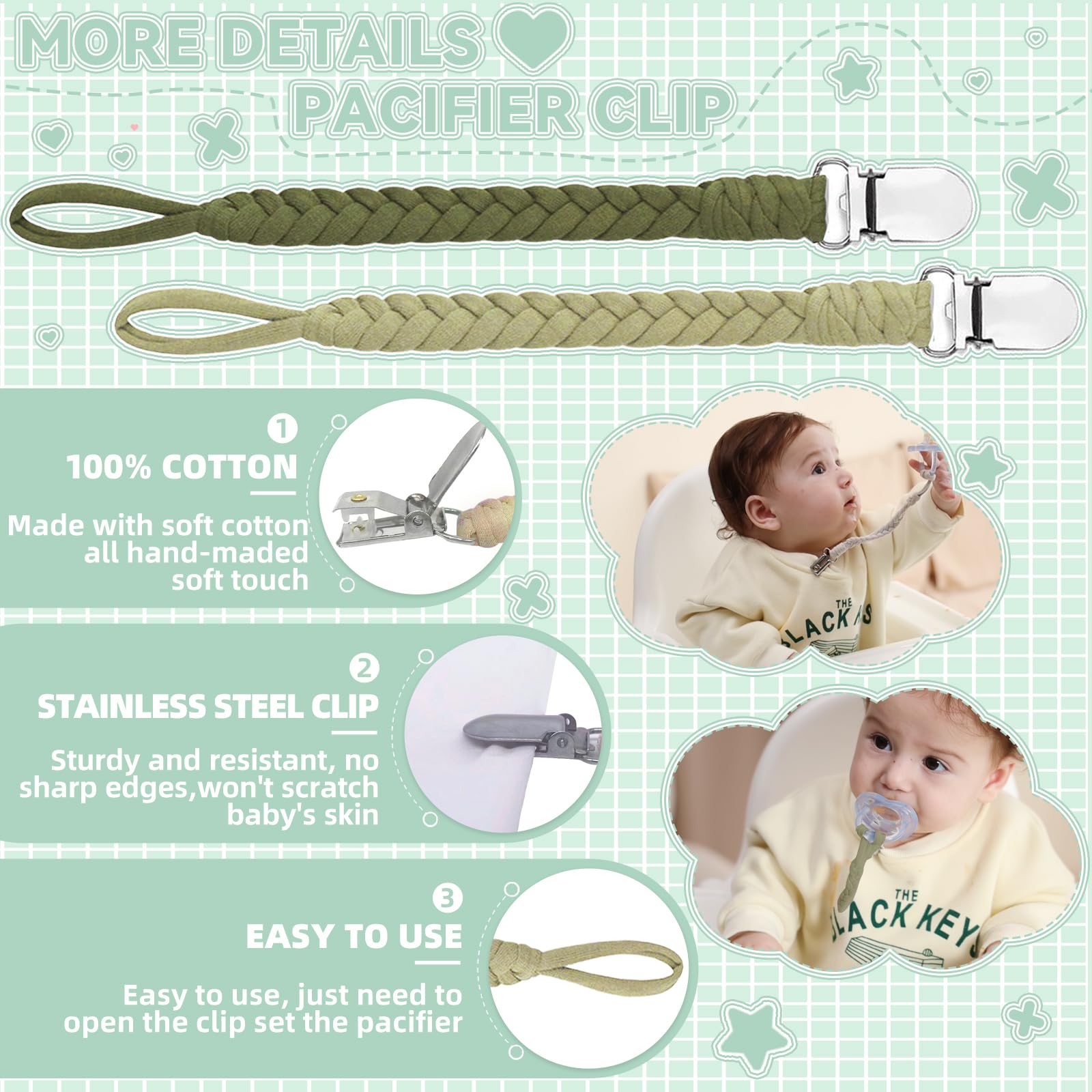 Duludulu green braided clip attached to clothing prevents drops and dirt