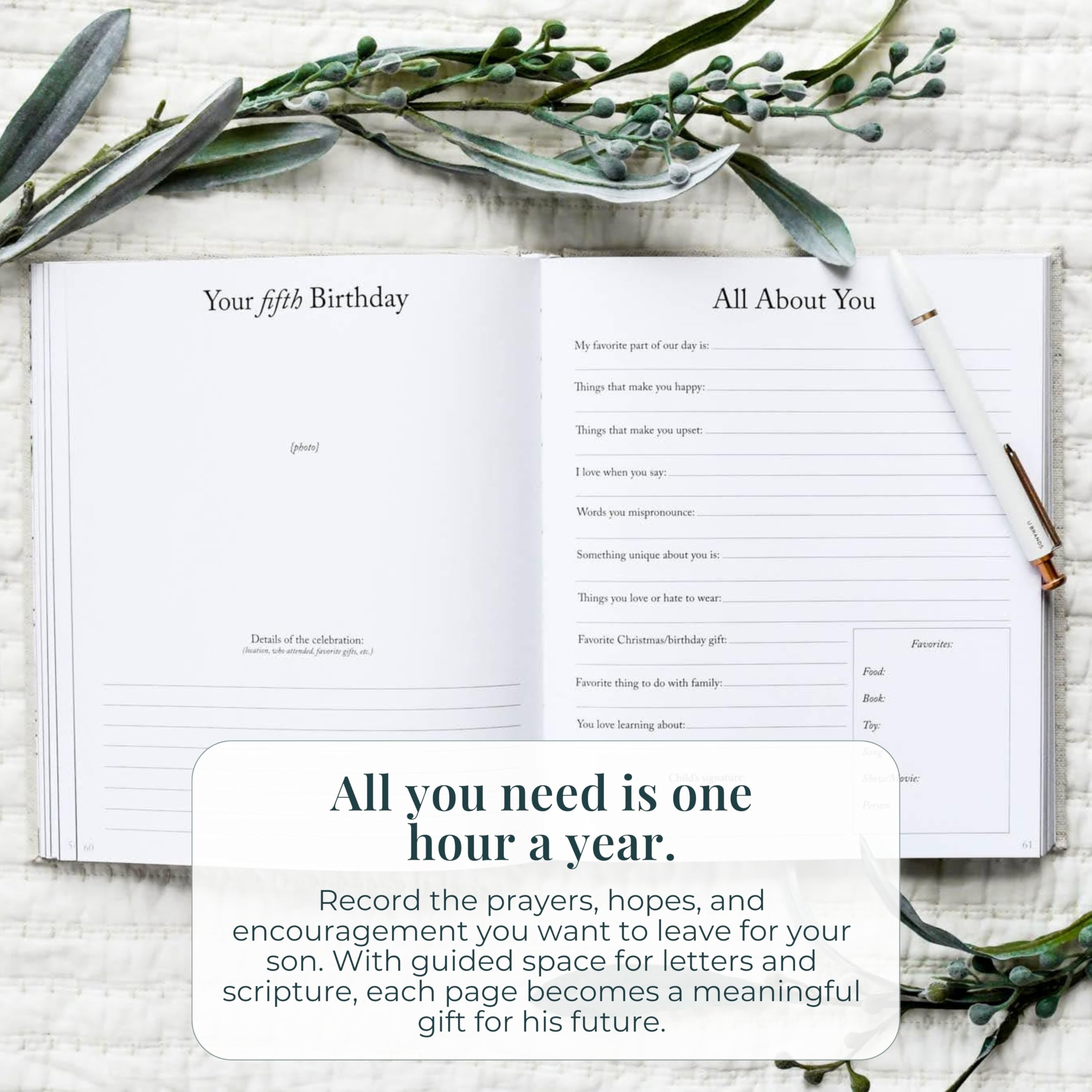 Duncan & Stone Baby Memory Book prompts section guiding memory notes