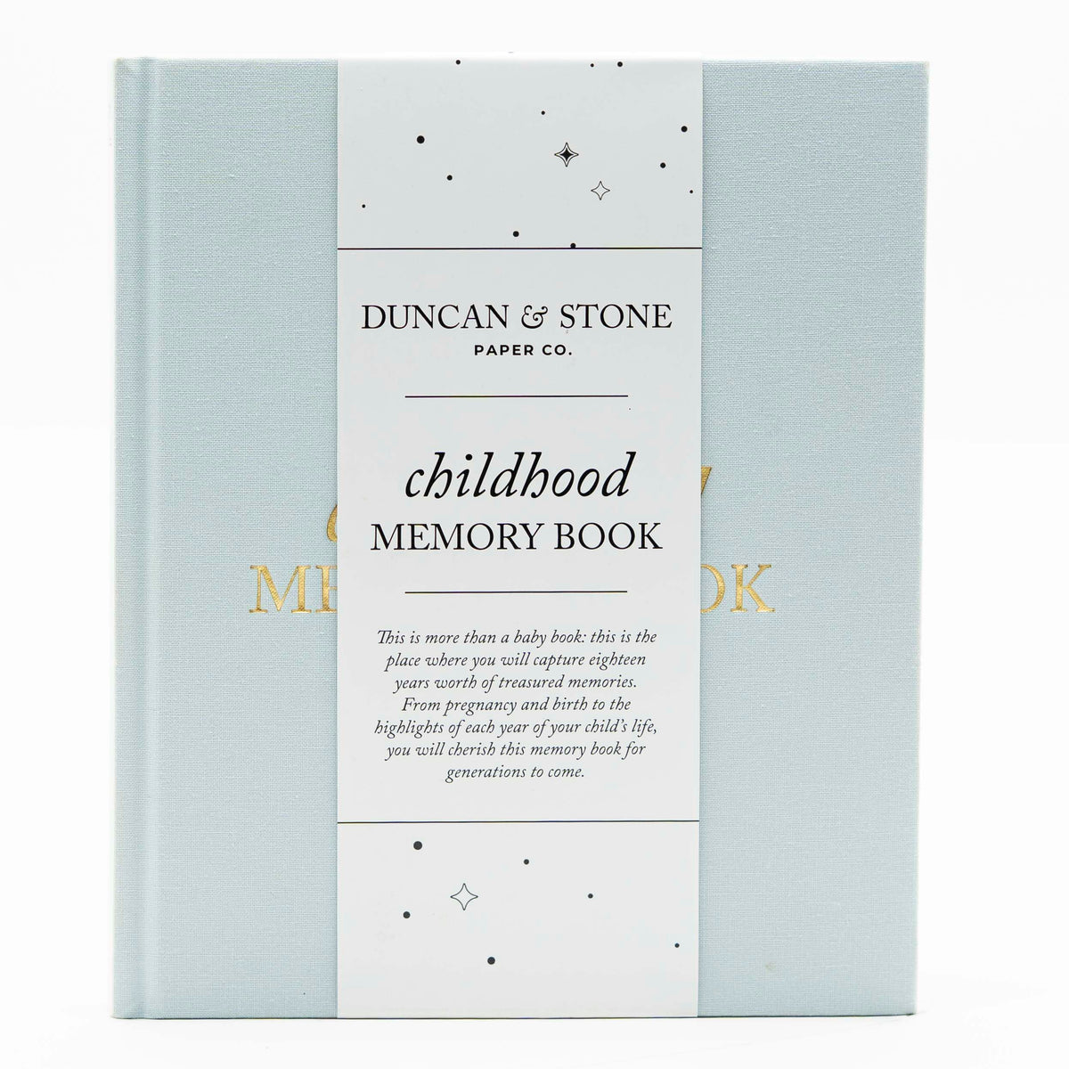 Duncan & Stone Childhood Memory Book cover in sky blue linen with gold embossing.