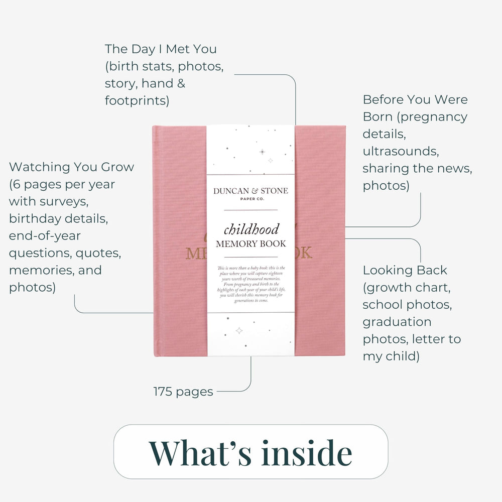 Duncan & Stone inside pages sample with guided prompts for memories.