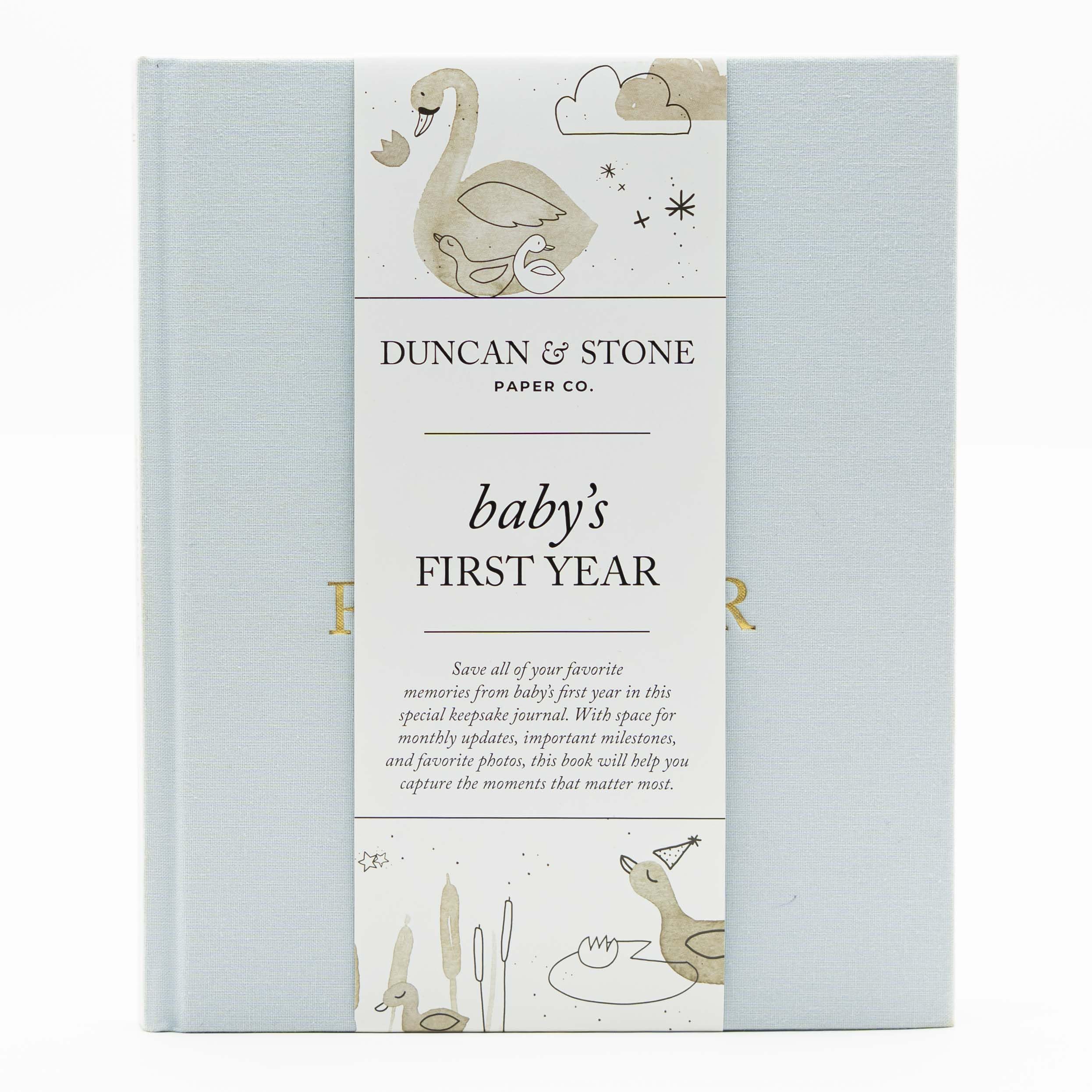 Duncan & Stone Baby First Year Book cover in sky blue enhances keepsake presentation
