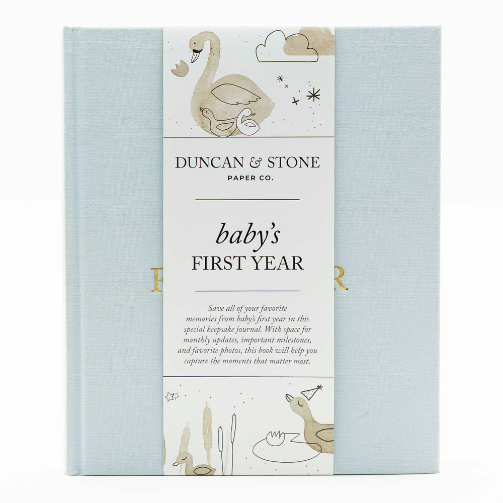 Duncan & Stone Baby First Year Book cover in sky blue enhances keepsake presentation