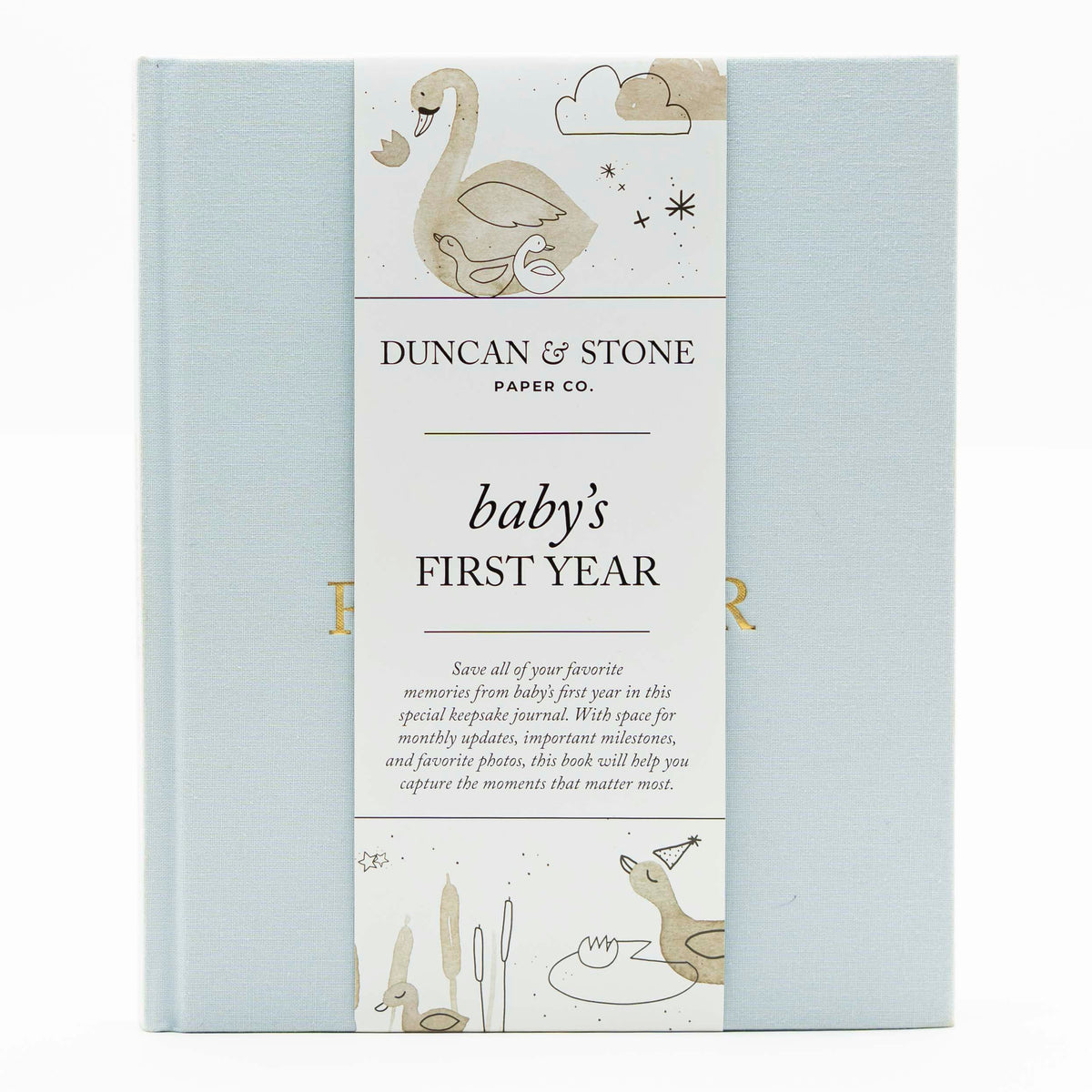 Duncan & Stone Baby First Year Book cover in sky blue enhances keepsake presentation