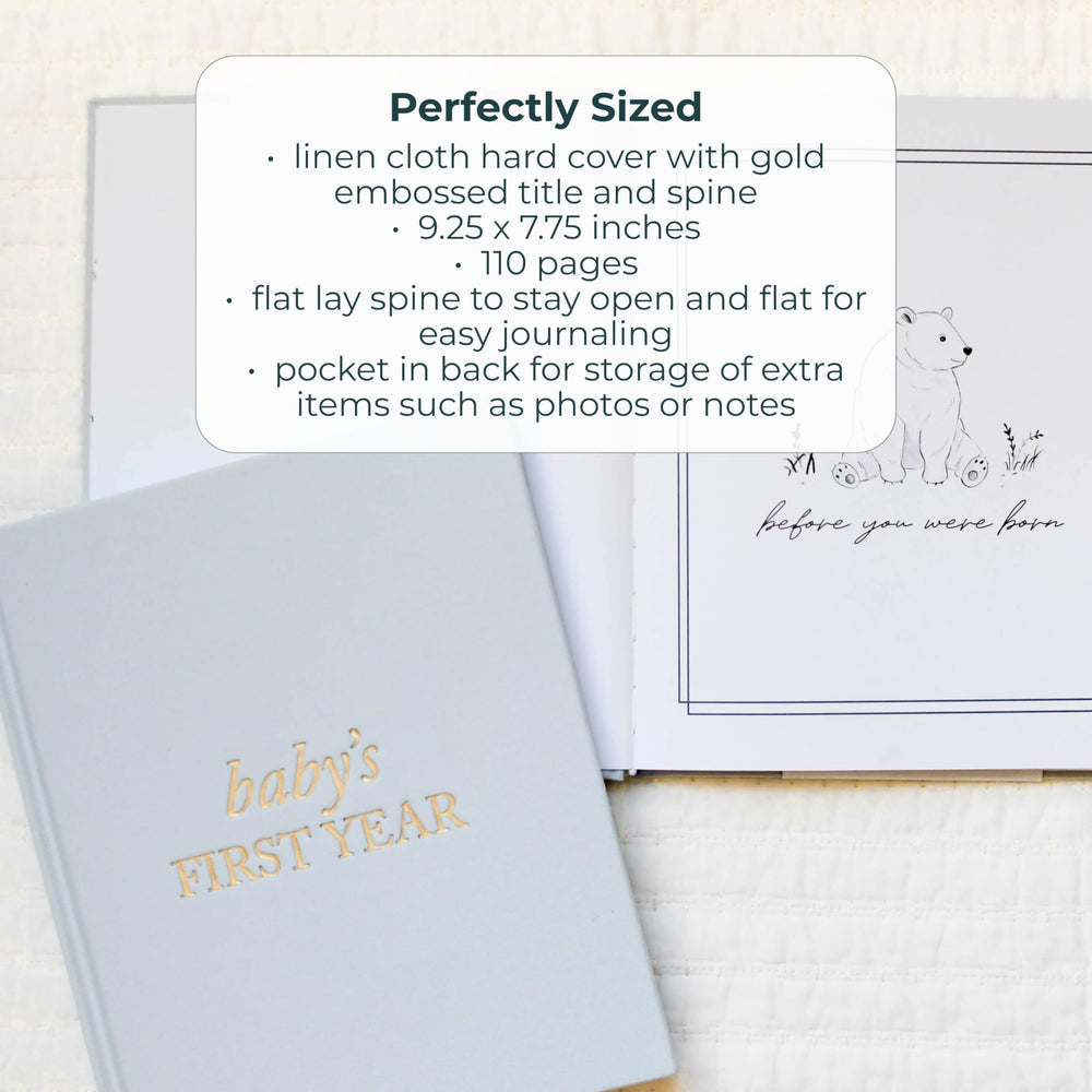 Duncan & Stone Baby First Year Book monthly updates spread captures progress month by month