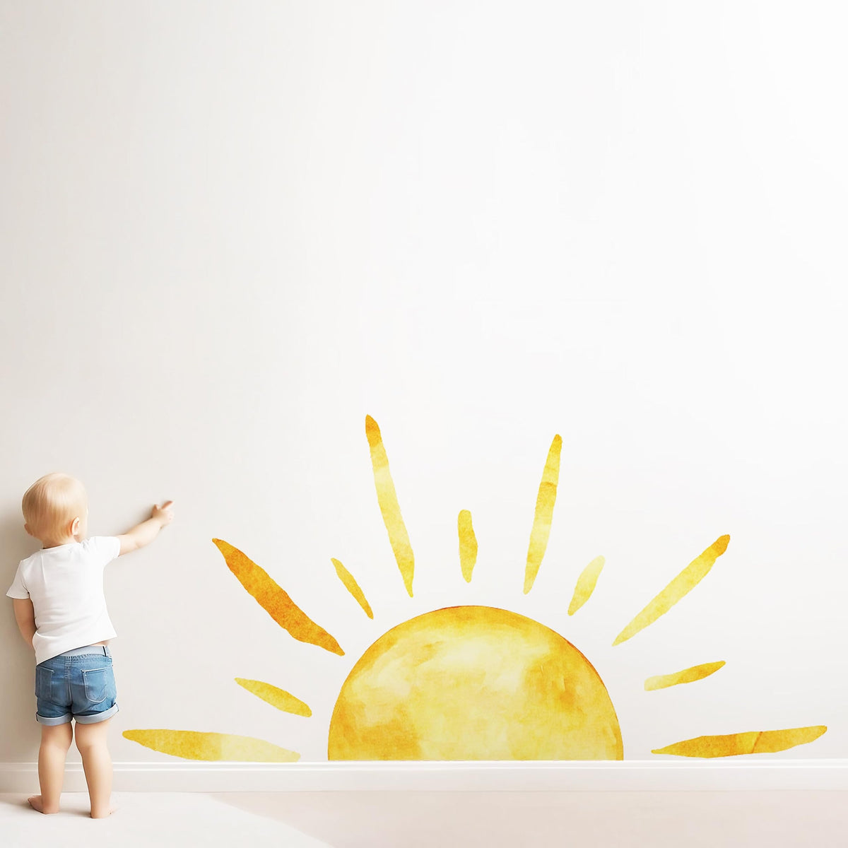 Duocheer half sun wall decal adds warm glow to living room ambiance.