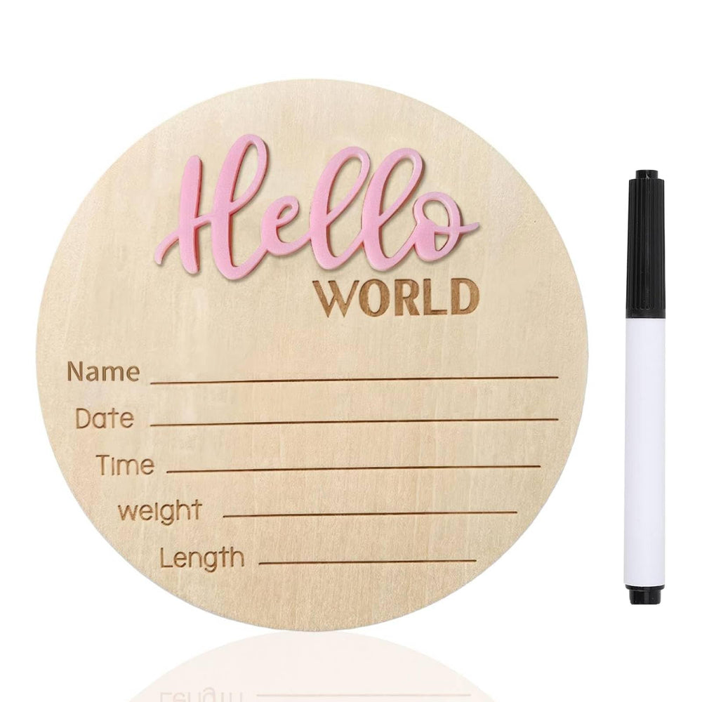 DUOJINSANXI baby announcement sign in pink wood with Hello World engraving for newborn photos.