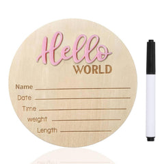 DUOJINSANXI baby announcement sign in pink wood with Hello World engraving for newborn photos.