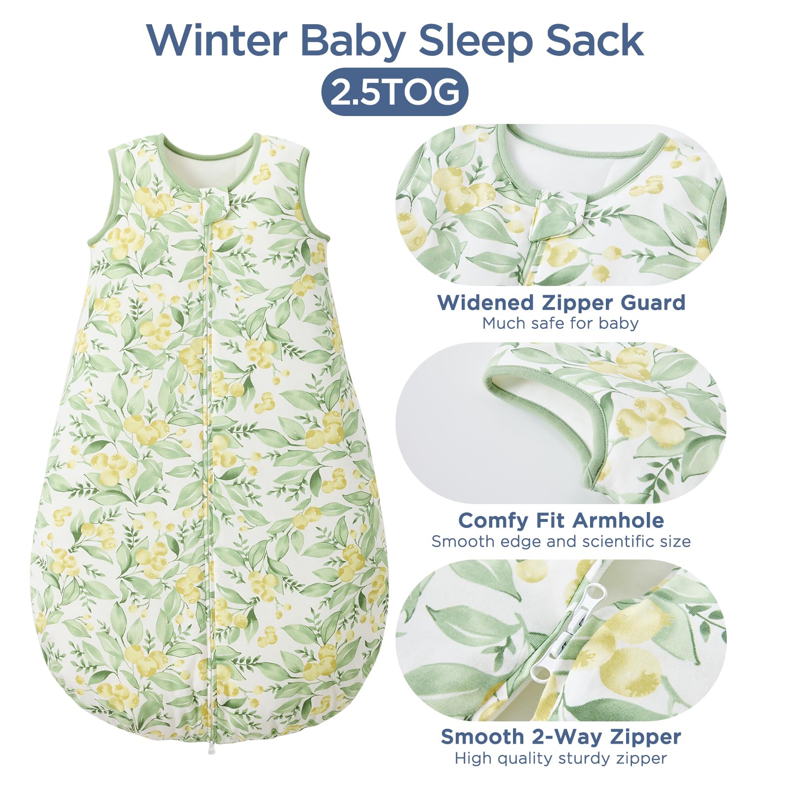 Duomiaomiao sleep sack, side view, roomy fit supports baby's leg movement overnight.