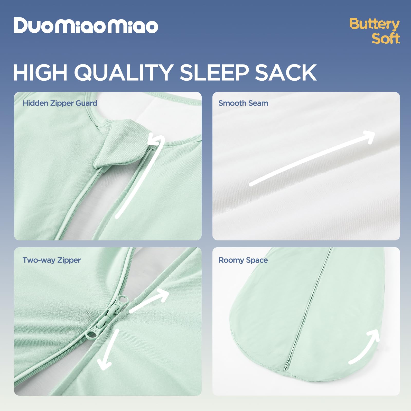 Duomiaomiao sleep sack shows two-way zipper enabling easy diaper changes.