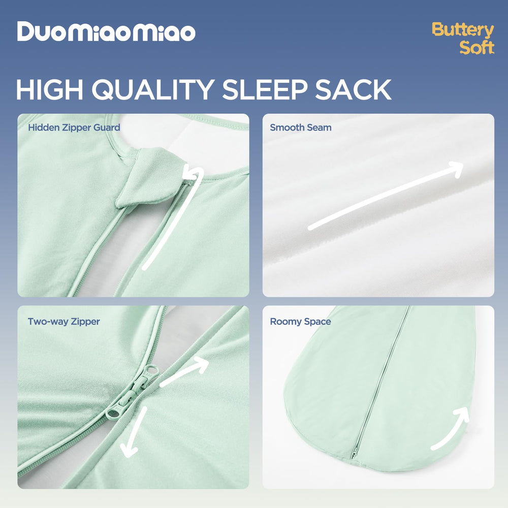 Duomiaomiao sleep sack shows two-way zipper enabling easy diaper changes.
