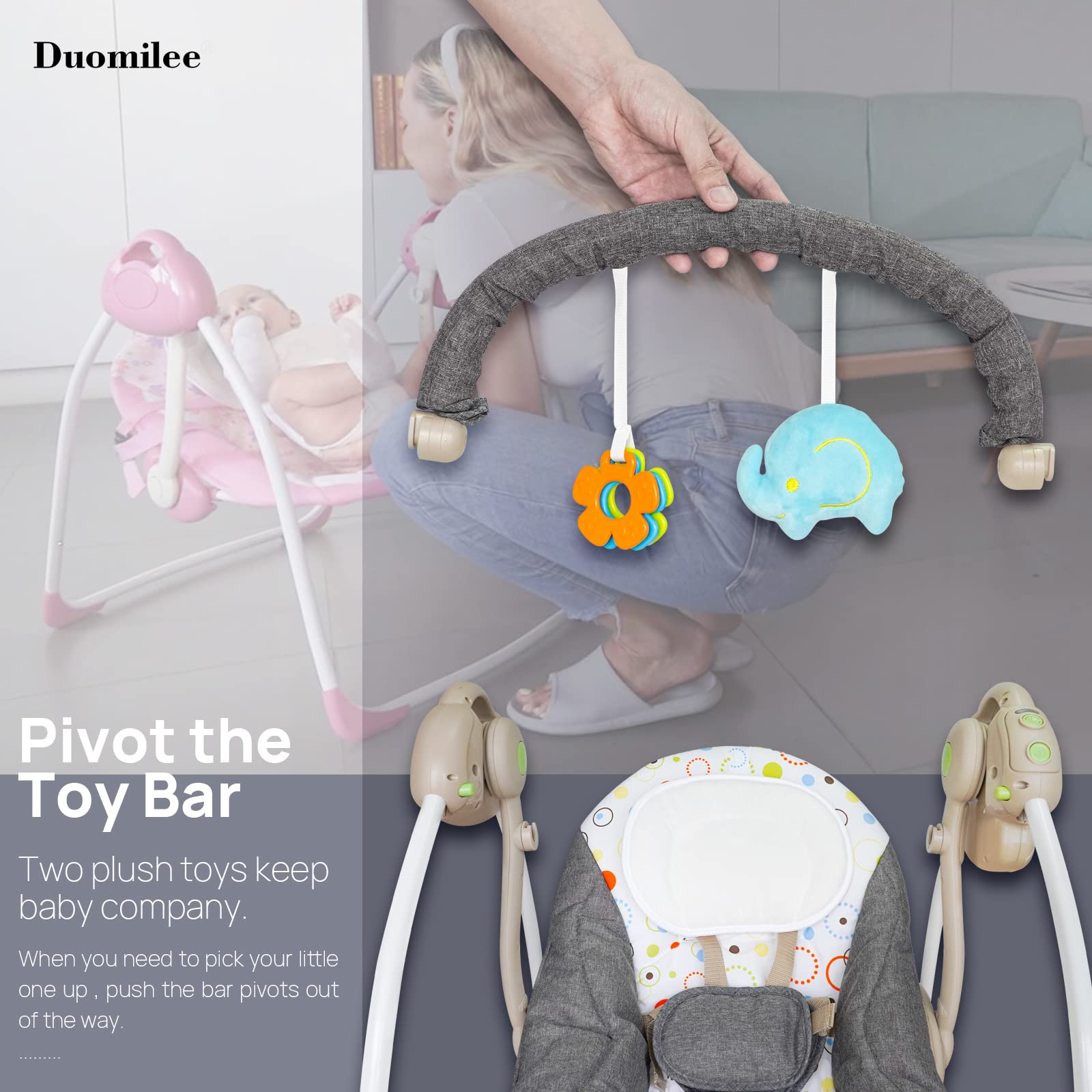 Duomilee baby electric swing with built-in melodies and timer for routines.