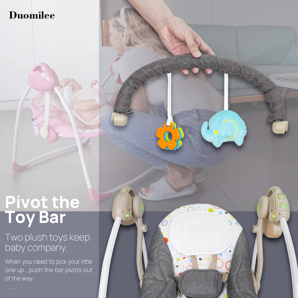 Duomilee baby electric swing with built-in melodies and timer for routines.