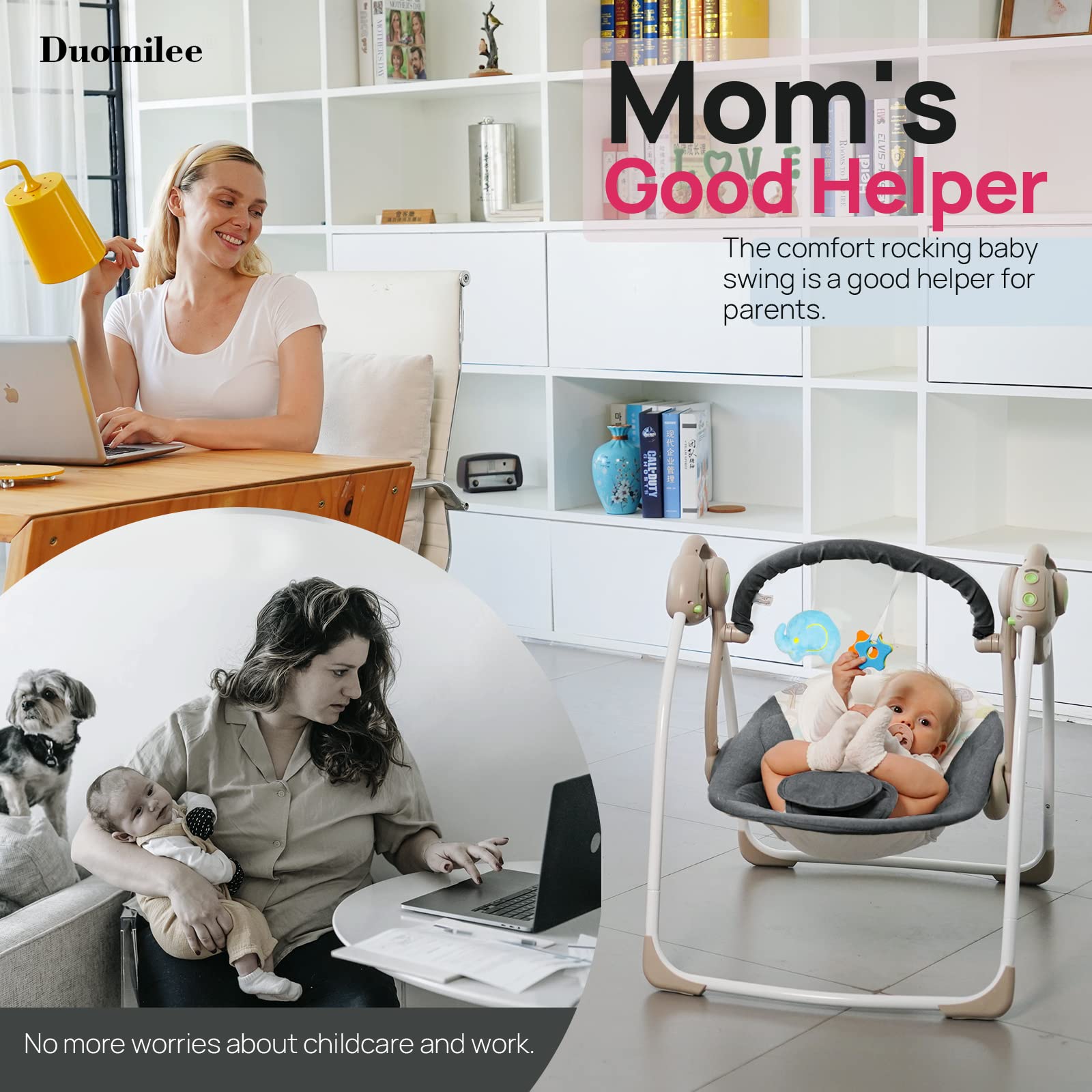 Duomilee baby electric swing with 5-point harness for secure seating.